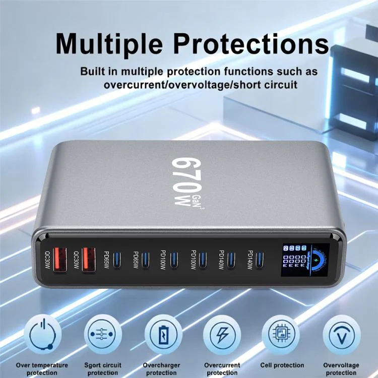 YMX-LCD670W 670W 6xType-C and 2xUSB GaN Digital Display Multi-Function Charger(EU Plug) - Image 5