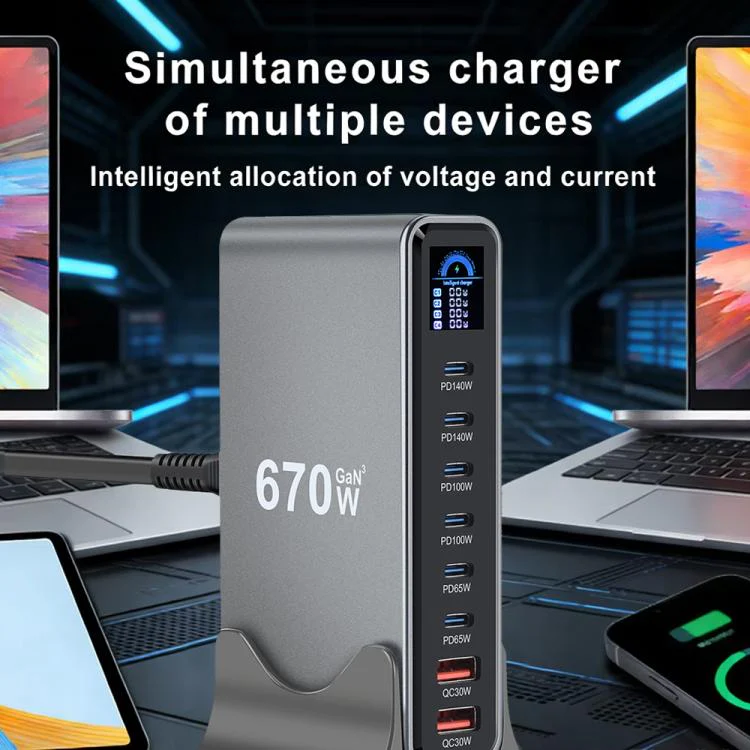 YMX-LCD670W 670W 6xType-C and 2xUSB GaN Digital Display Multi-Function Charger(EU Plug) - Image 6