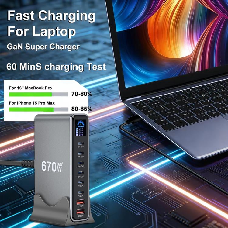 YMX-LCD670W 670W 6xType-C and 2xUSB GaN Digital Display Multi-Function Charger(EU Plug) - Image 7