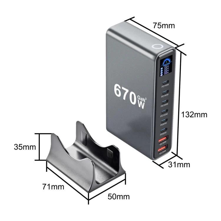 YMX-LCD670W 670W 6xType-C and 2xUSB GaN Digital Display Multi-Function Charger(UK Plug) - Image 3