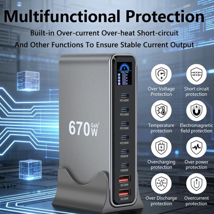 YMX-LCD670W 670W 6xType-C and 2xUSB GaN Digital Display Multi-Function Charger(UK Plug) - Image 4