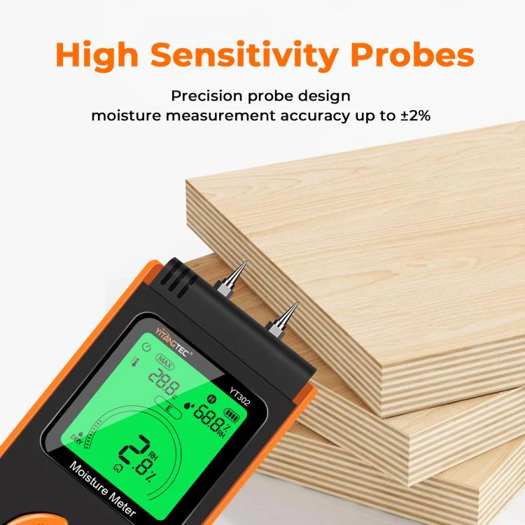 YT302 Metal Probes Eood Moisture Meter Supports Temp & RH Testing(Black Orange) - Image 3