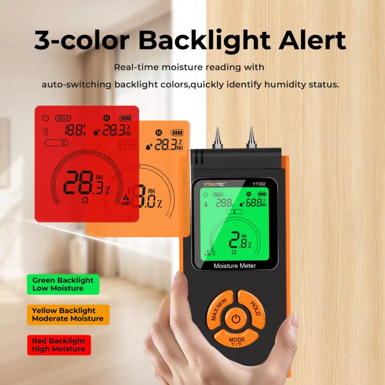 YT302 Metal Probes Eood Moisture Meter Supports Temp & RH Testing(Black Orange) - Image 4