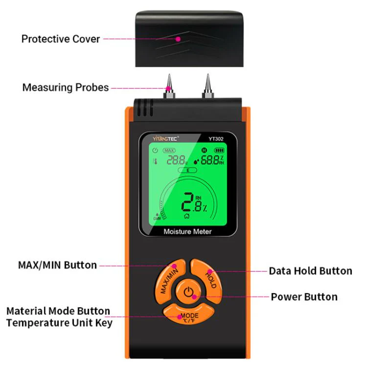 YT302 Metal Probes Eood Moisture Meter Supports Temp & RH Testing(Black Orange) - Image 9