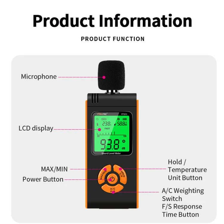 YT311 High Precision Digital Sound Level Meter Support Temperature and Humidity Measurement(Black Orange) - Image 11