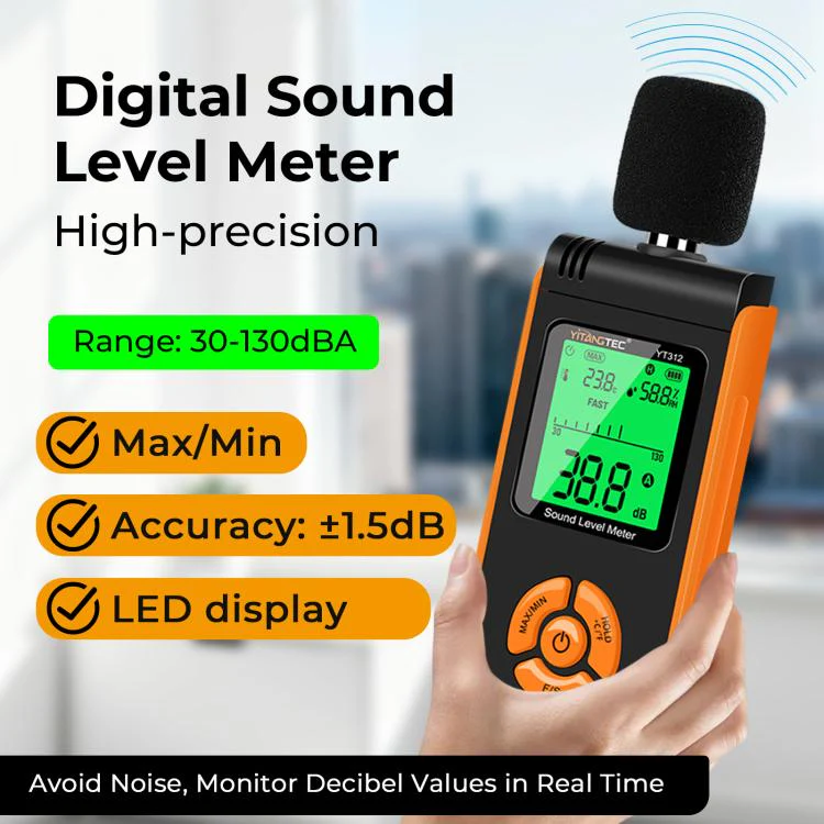YT312 High Precision Digital Sound Level Meter Support Temperature and Humidity Measurement(Black Orange) - Image 2