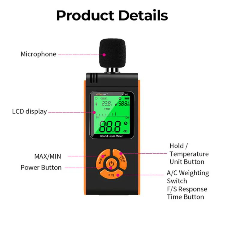 YT312 High Precision Digital Sound Level Meter Support Temperature and Humidity Measurement(Black Orange) - Image 9