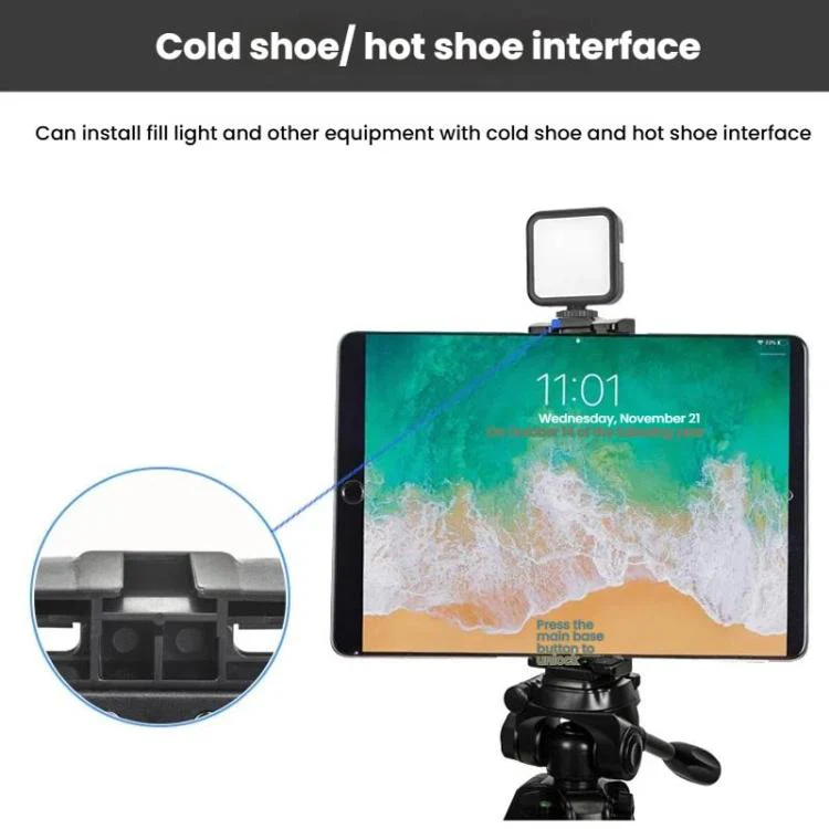 YUNTENG VCT-320 Adjustable Hot Shoe Tablet & Phone Mount Clamp Holder with Dual 1/4 Inch Screw Holes for 5.1-9.9 Inch Devices(Black) - Image 5