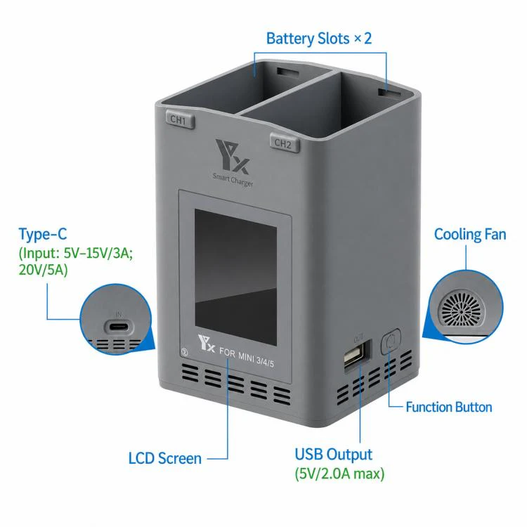YX 100W Dual Charger with Color LCD Screen for DJI Mini 5/4/3 Pro Smart Flight Battery Charging Hub - Image 11