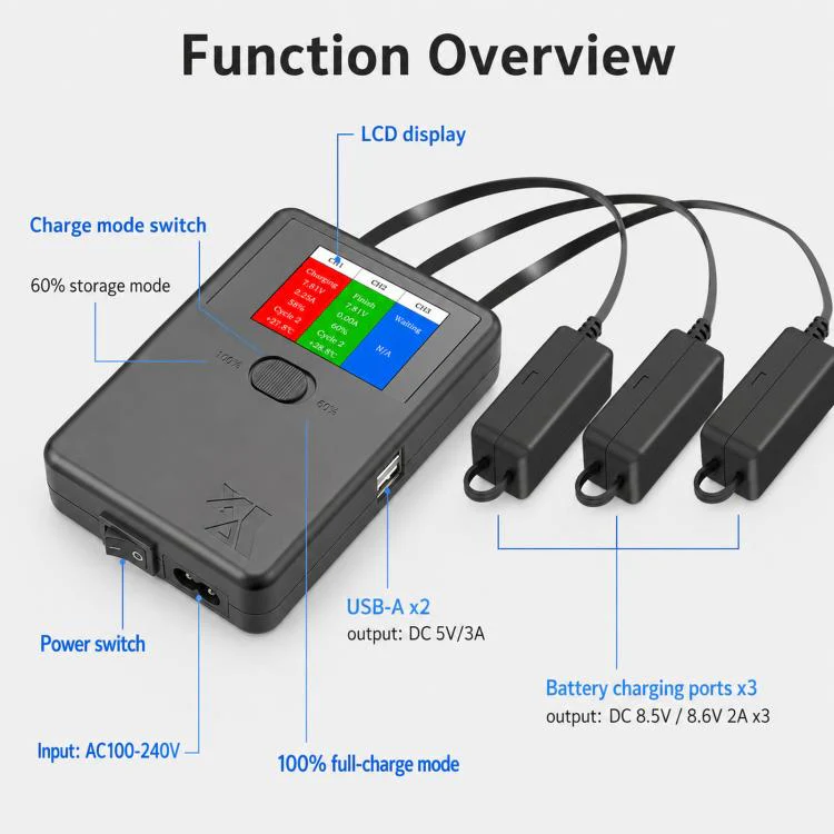 YX 3-Way Smart Charger with LCD Display For DJI Mini 5 Pro / Mini 4 Pro / Mini 3 Pro / Mini 3 Multi Battery Charging Hub US Plug - Image 3