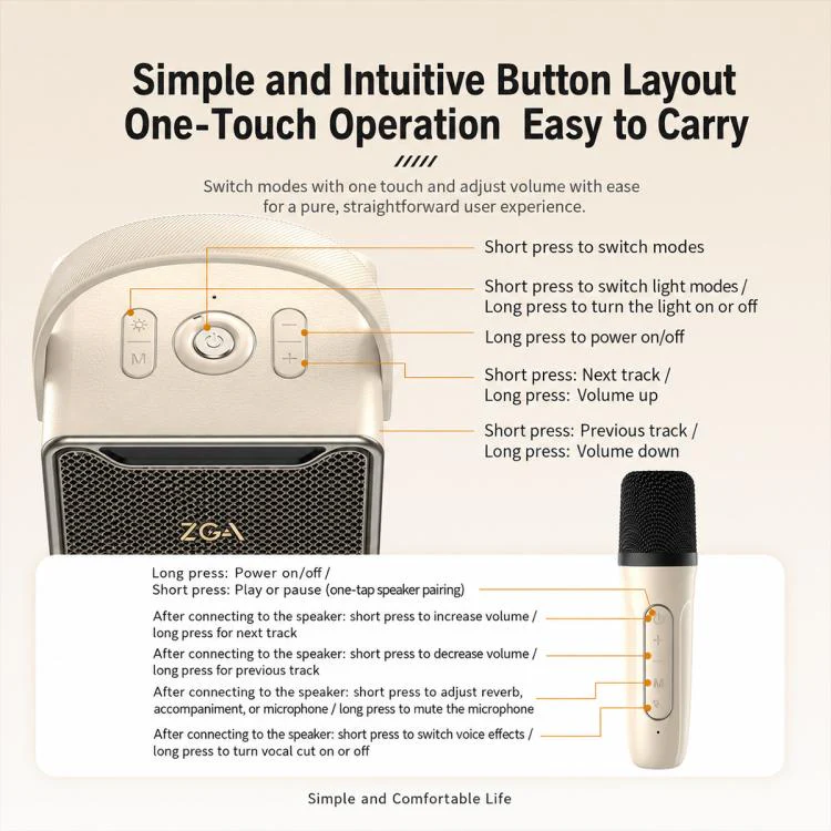 ZGA PZ010 Portable Dual Mic Karaoke Bluetooth Speaker(Beige) - Image 9