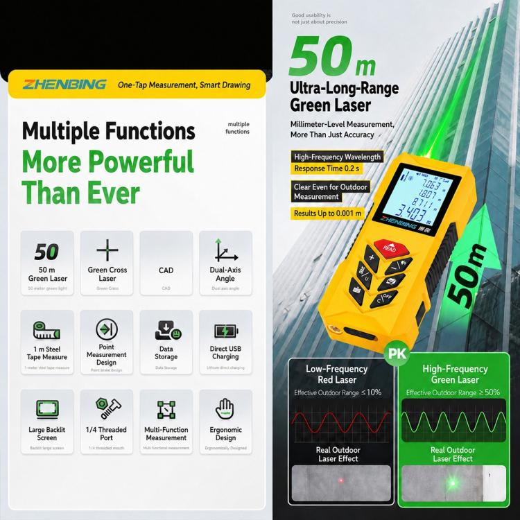 ZHENBING N1 Advanced Version Handheld Green Cross Line Laser Distance Meter, Measuring Distance:50m(Yellow) - Image 6