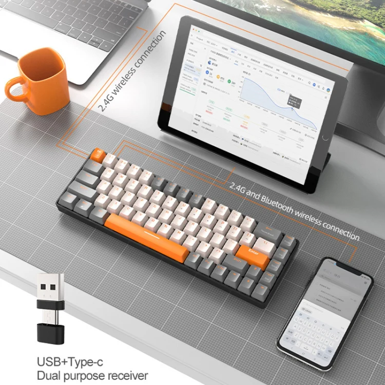 ZIYOU LANG K68 68 Keys Bluetooth Wireless Dual Model Mechanical Keyboard, Style: Red Shaft Version (Shimmering) - Image 8